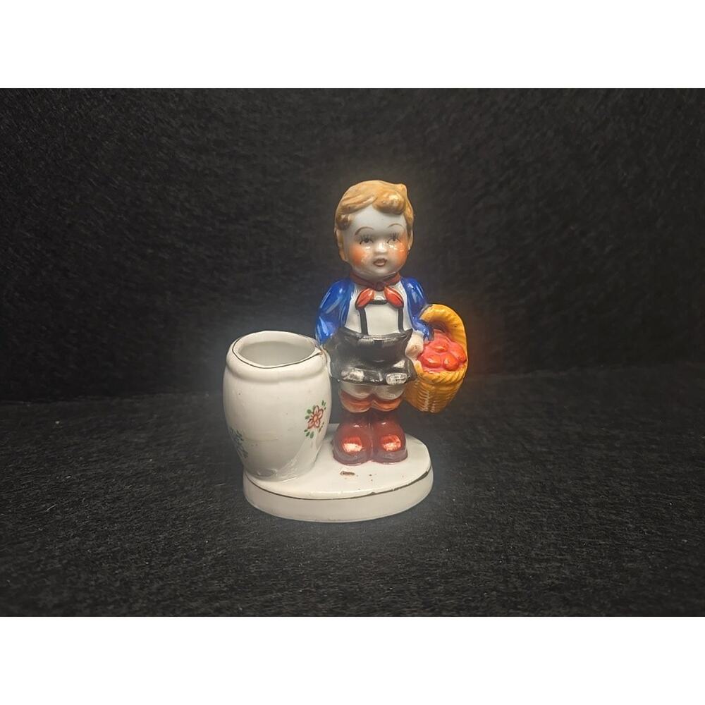 Vintage Occupied Japan Figurine Little Boy in Lederhosen w/ Basket 5" Toothpick